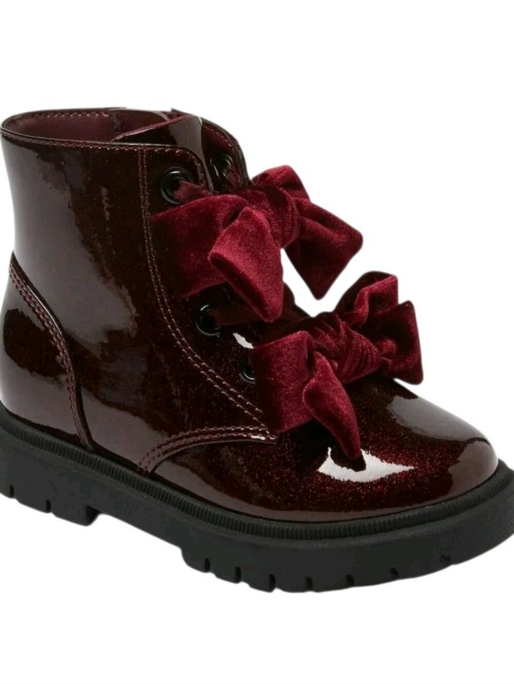 NWOT Cat & Jack Kids Faux Patent Leather Burgundy Ankle Boots Bow Lace Zip, 5
